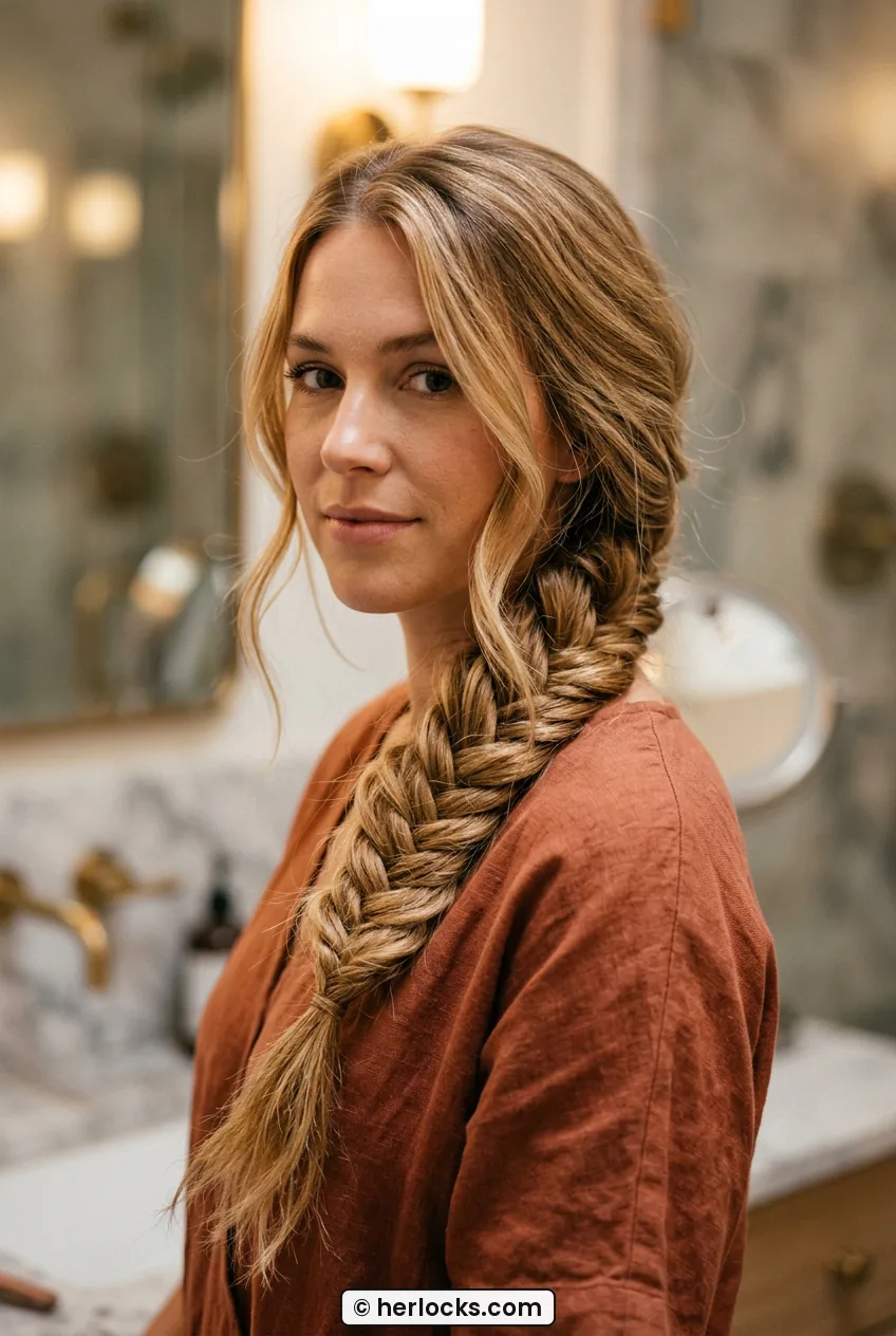 Woman with thick draped fishtail braid over shoulder in three quarter view