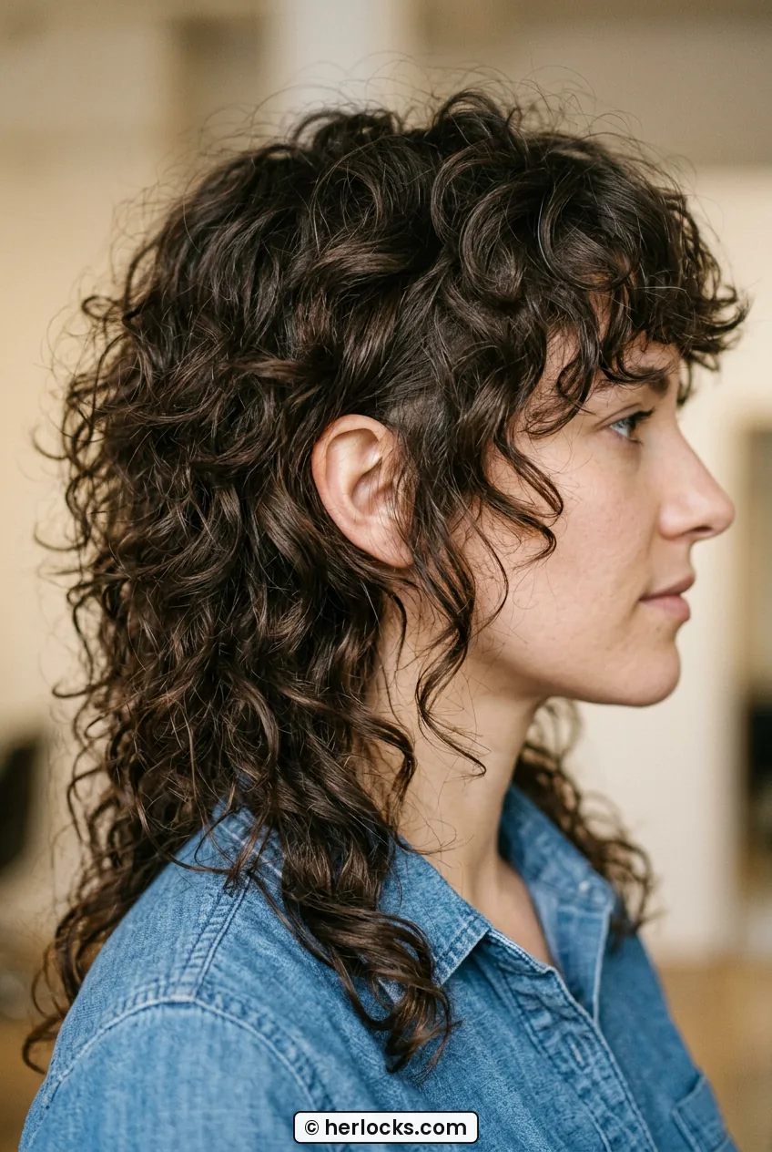 Side profile of cascading dry-cut layers on curly wolf hairstyle