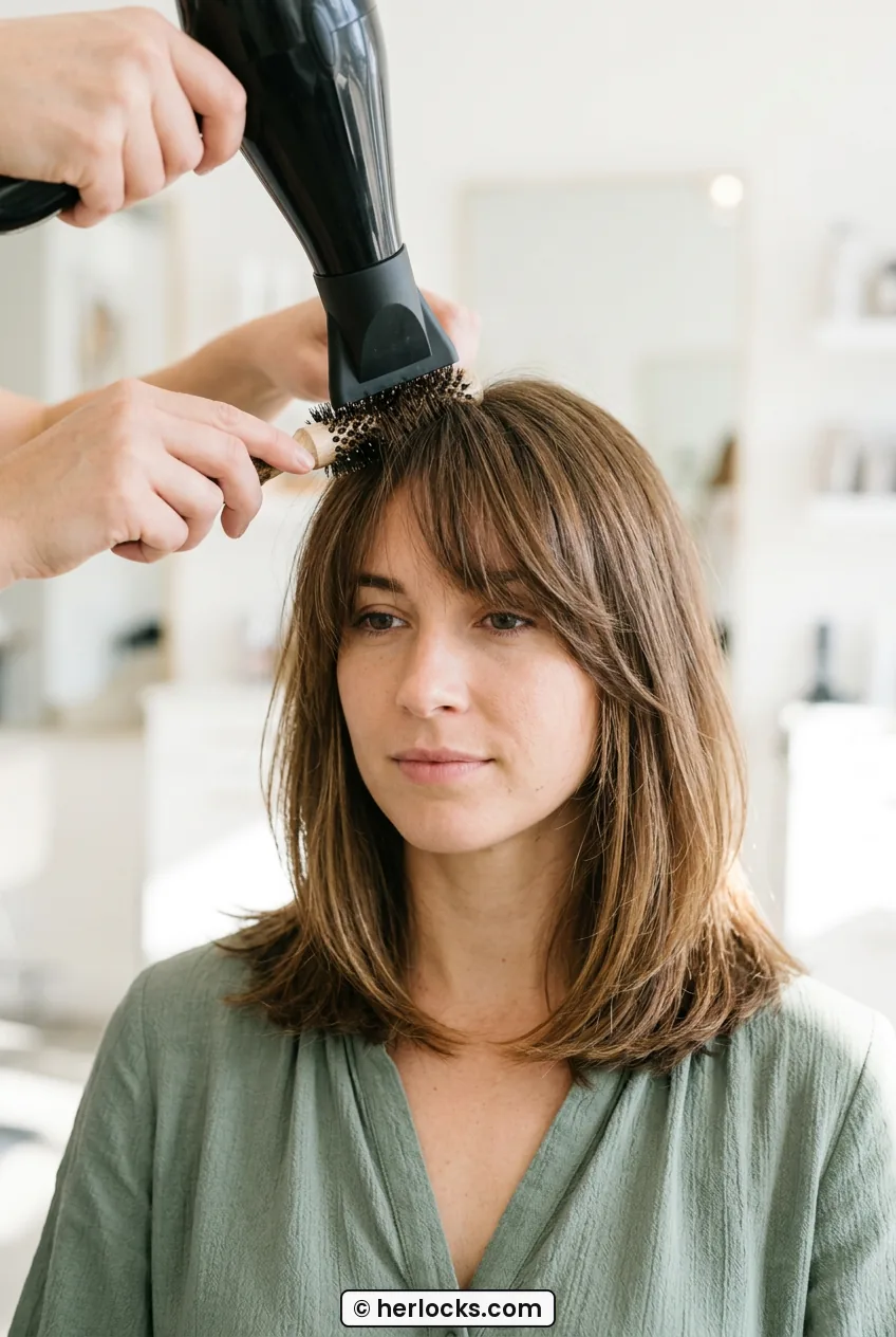 Woman with curtain fringe and layered lob having bangs dried with round brush