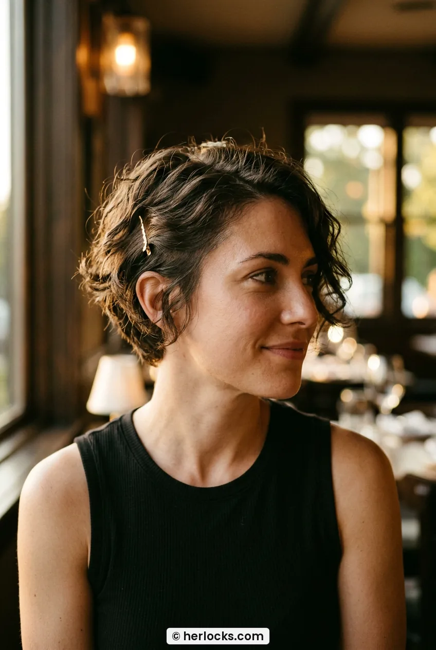 Woman with wavy long pixie and small gold clip glowing in evening light
