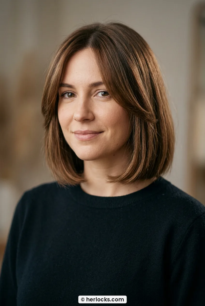Woman with collarbone bob showing soft face-framing layers in chestnut brown hair