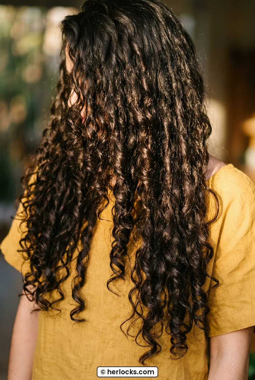 Woman with very long espresso curls showing full length and shiny ends
