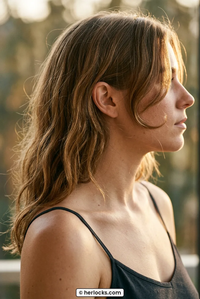 Side profile of woman showing cheek-grazing layered face frame in wavy hair
