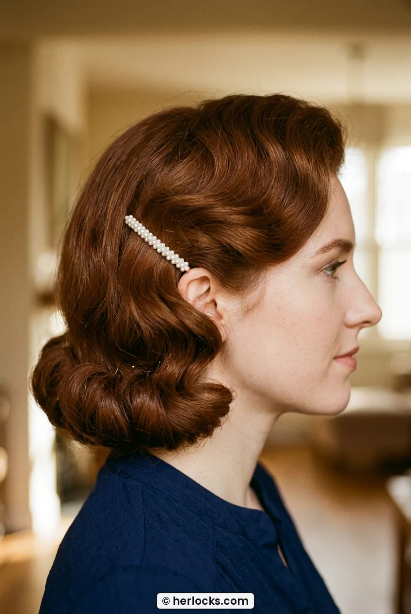 Woman with pinned faux bob at chin length and pearl barrette on side