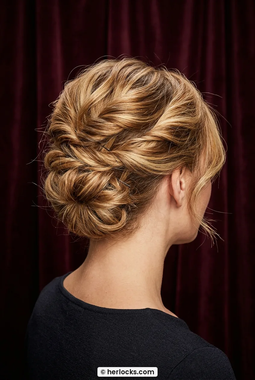 Over shoulder view of woman with faux updo twist pinned at nape on short blonde hair