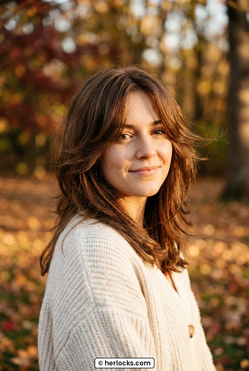 Woman with feathered medium butterfly haircut showing airy face framing layers in autumn light
