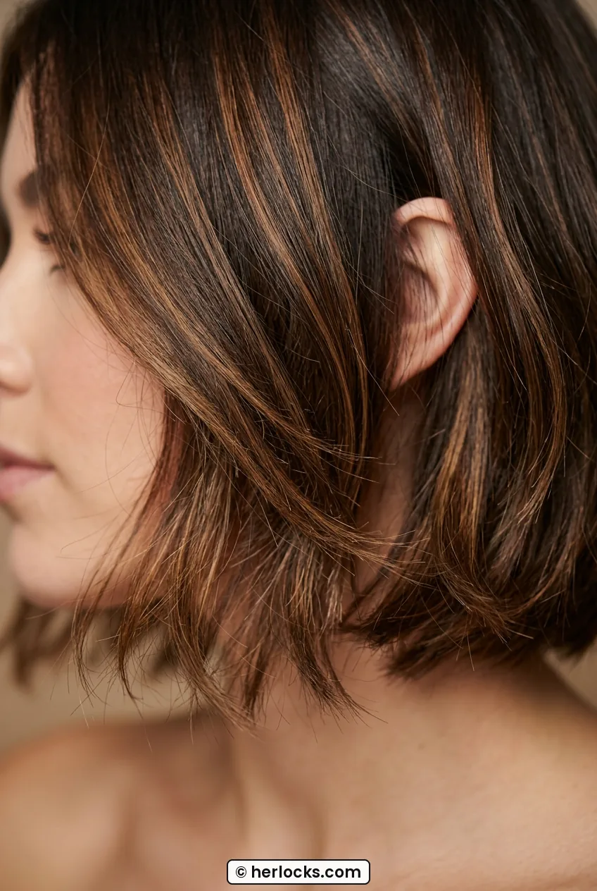 Close-up of woman with feathered chin-length bob showing glossy swing and dimension