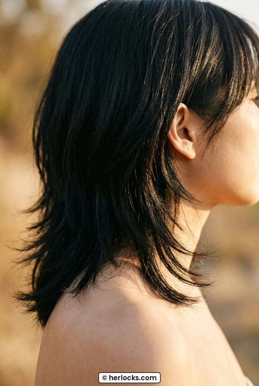 Side profile of woman with black layered medium hair with feathered ends