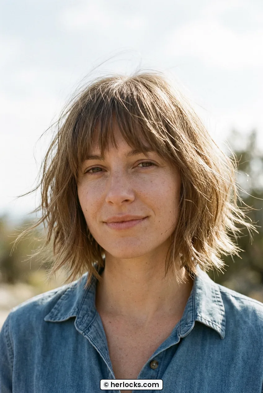 Close view of woman with fine light brown bob showing feathered point-cut ends and texture