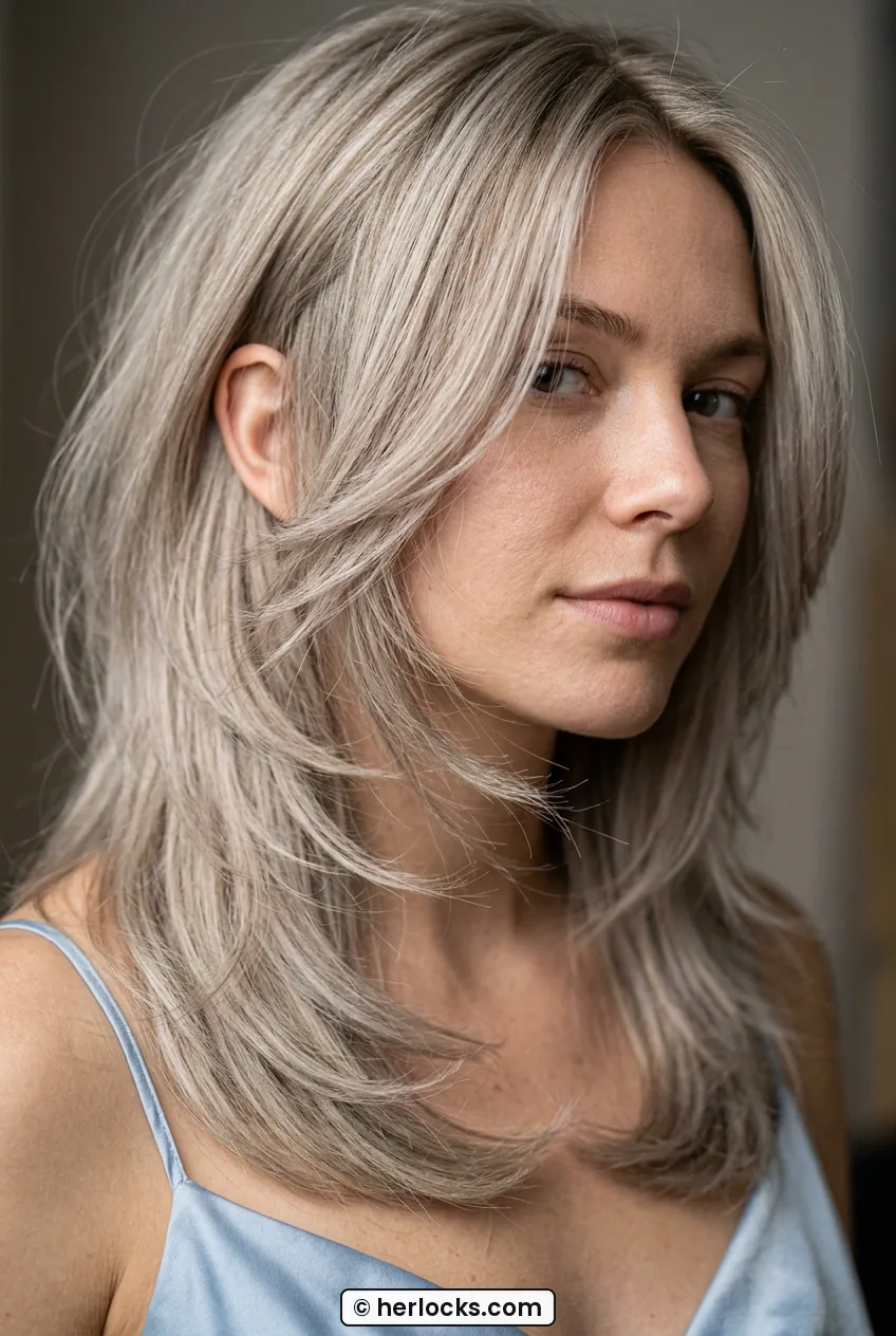 Close crop of woman with long ash blonde hair showing feathered layered ends at jawline