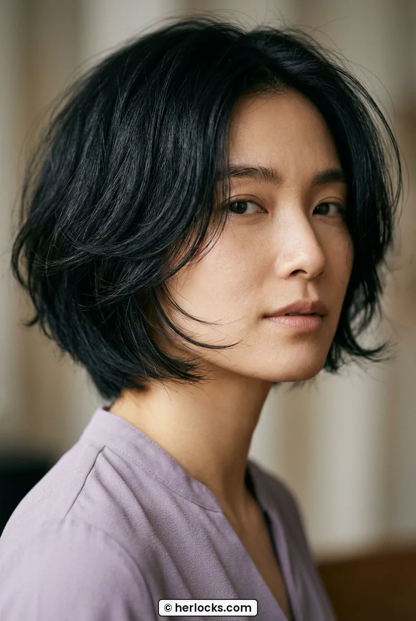 Woman with fine black layered bob showing airy texture and full perimeter ends