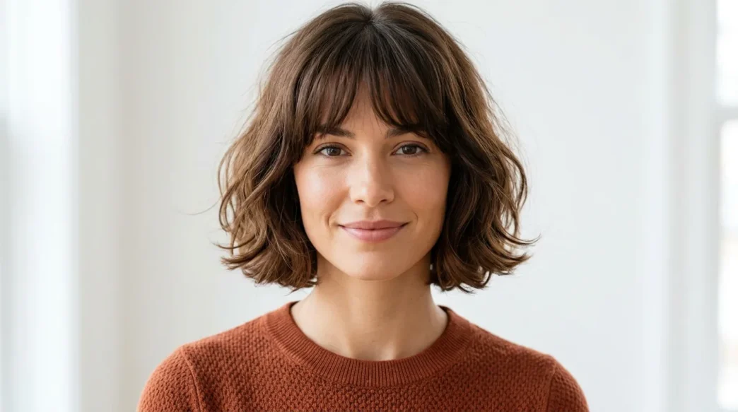 Woman with chin-length French bob and soft bangs in bright natural light