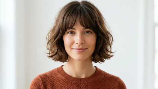 Woman with chin-length French bob and soft bangs in bright natural light