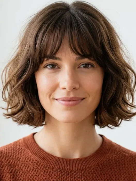 Woman with chin-length French bob and soft bangs in bright natural light