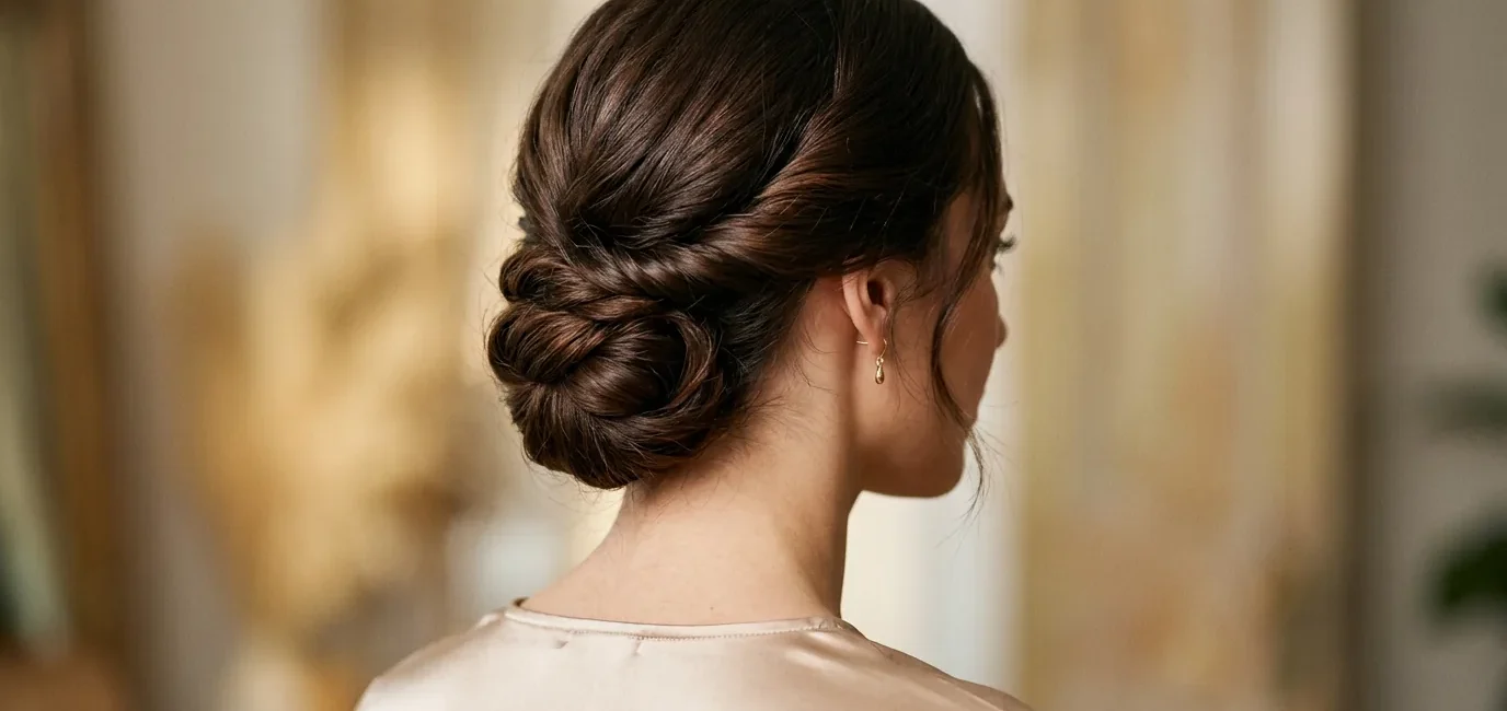 Woman with long dark brown hair in finished low twisted updo viewed from behind