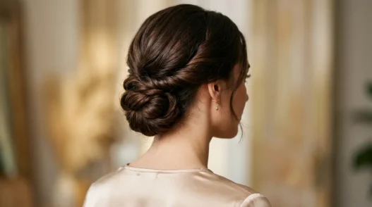 Woman with long dark brown hair in finished low twisted updo viewed from behind