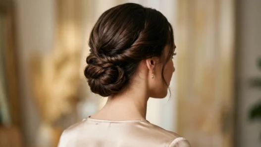 Woman with long dark brown hair in finished low twisted updo viewed from behind