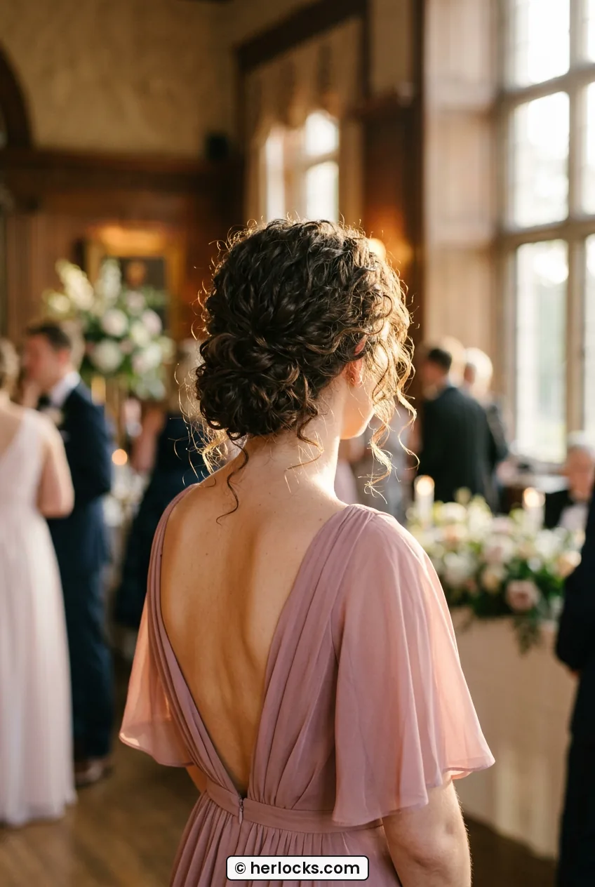 Woman wearing dusty rose dress with finished loose curly low updo from behind