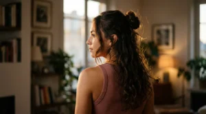 Woman with long dark wavy hair in messy half up bun viewed from behind