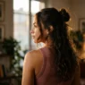 Woman with long dark wavy hair in messy half up bun viewed from behind