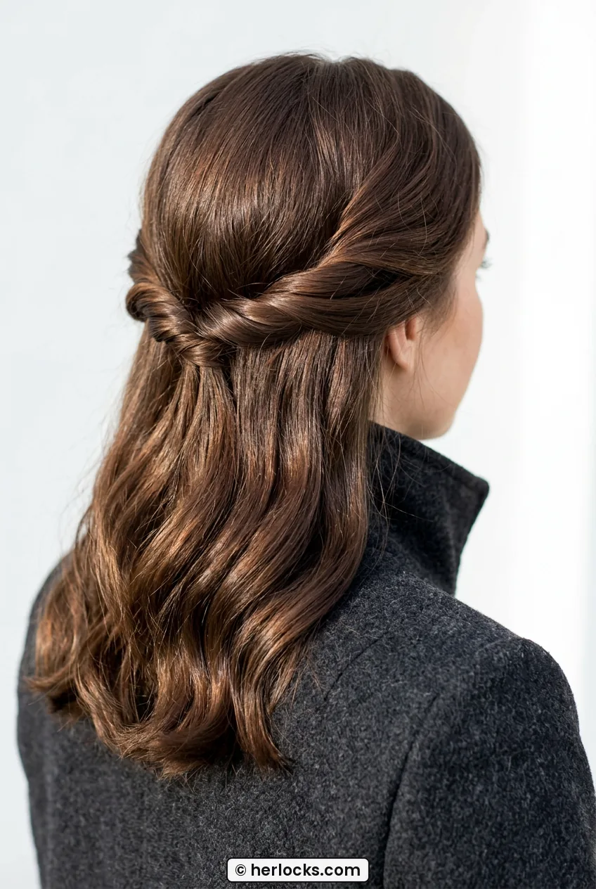 Back view of finished twisted half-up with glossy waves over coat collar