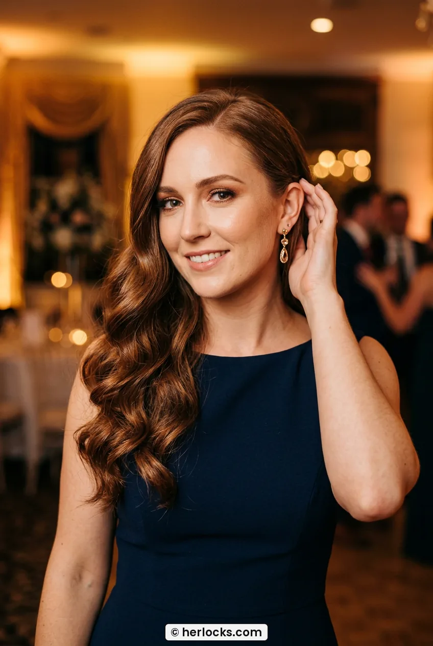 Woman with finished soft waves over shoulder tucking hair behind ear