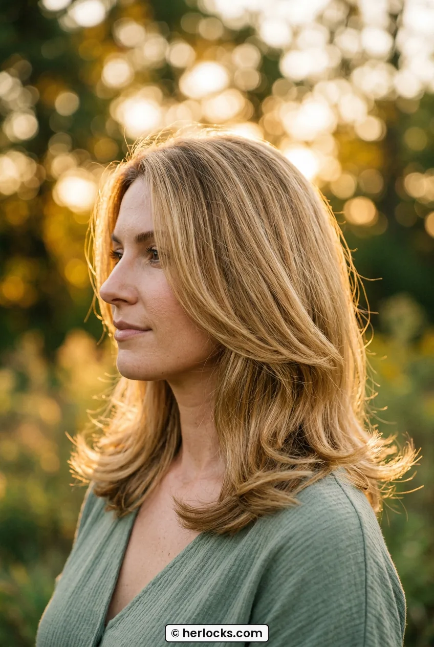 Woman with collarbone flip lob showing outward flicked ends and bouncy blowout
