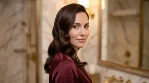 Woman with long glossy Hollywood waves and deep side part in marble powder room