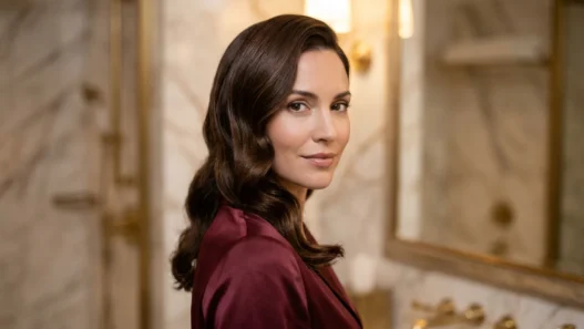 Woman with long glossy Hollywood waves and deep side part in marble powder room