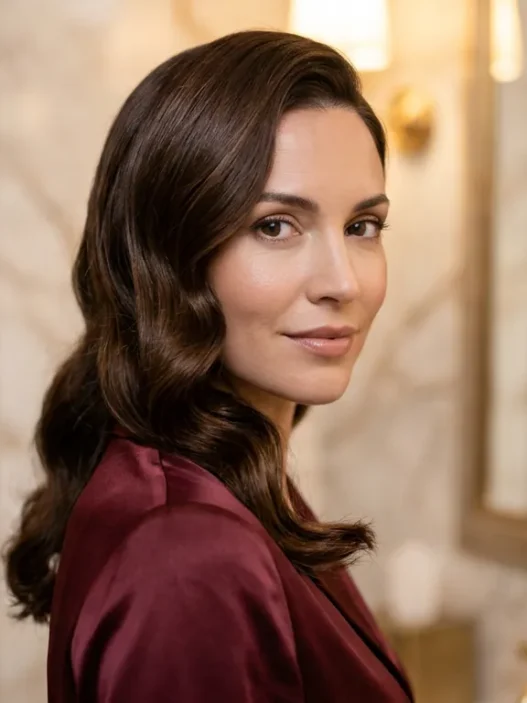 Woman with long glossy Hollywood waves and deep side part in marble powder room