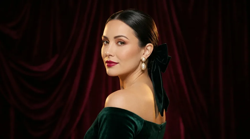 Woman with sleek low chignon and velvet bow in formal portrait against burgundy backdrop