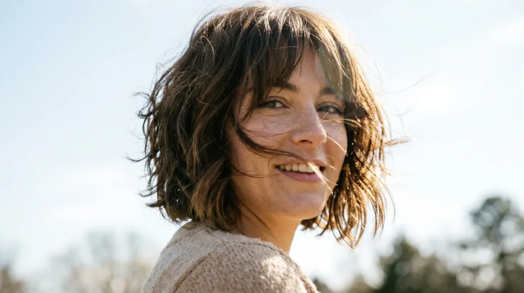 Woman with chin-length shaggy French bob and curtain bangs with hair moving in breeze under bright sky