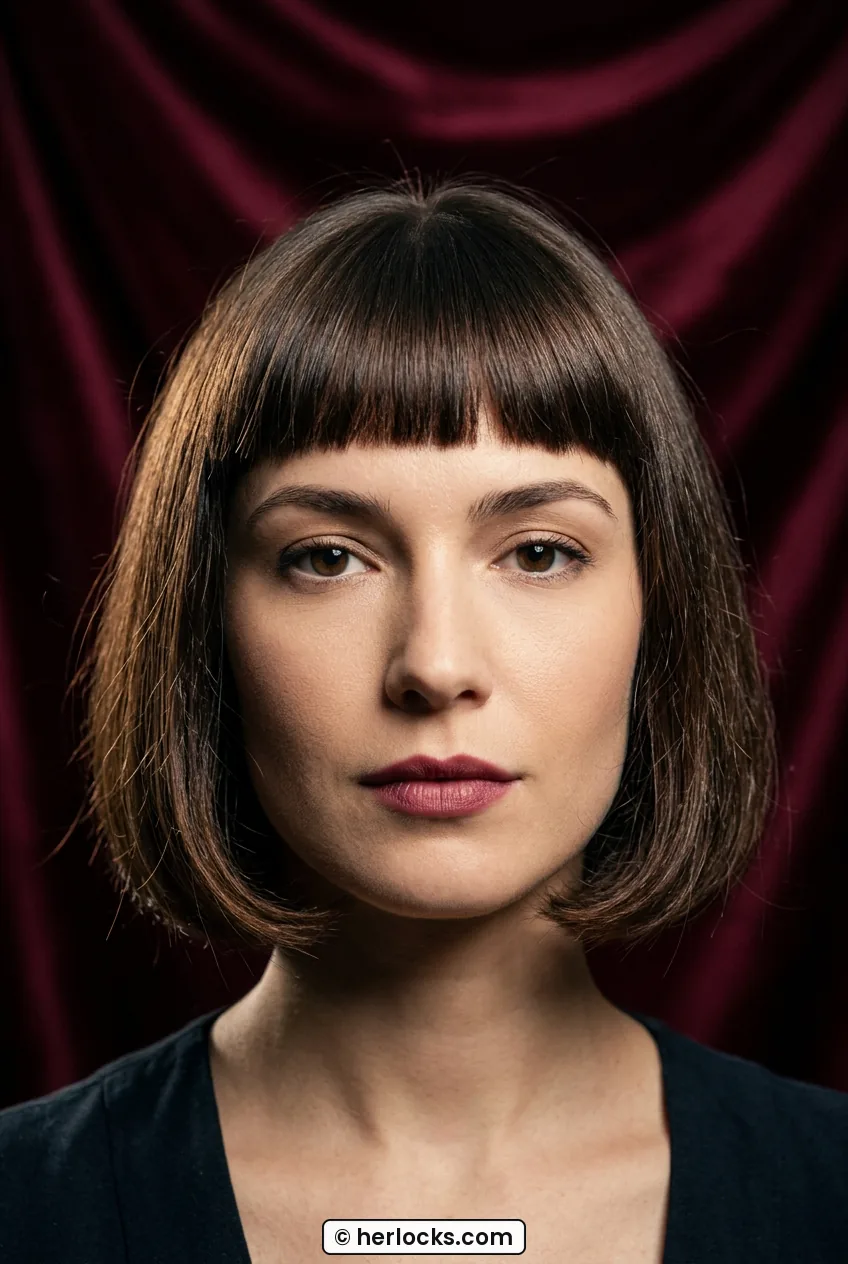 Woman with espresso French bob at lip length with blunt brow fringe