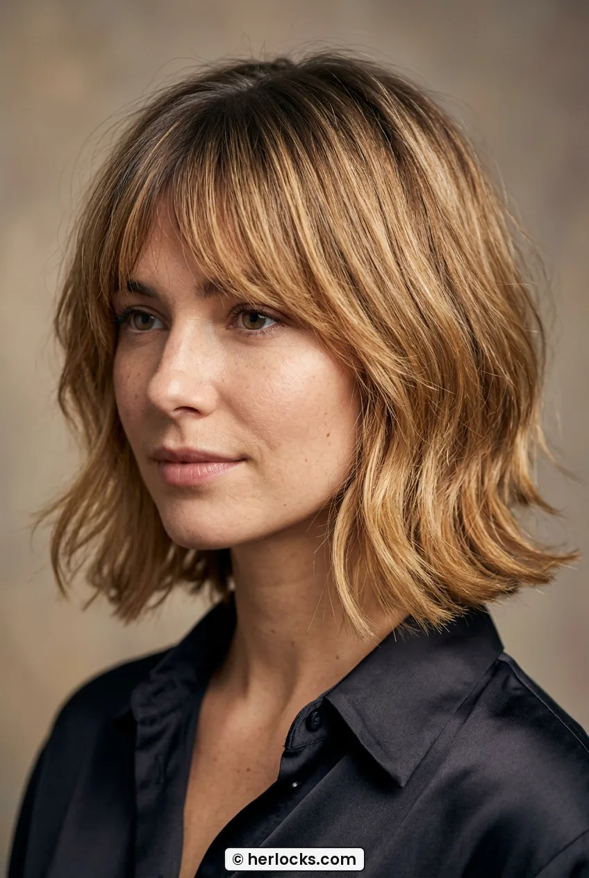 Woman with French-inspired dark blonde shaggy bob with wispy bangs and flipped ends