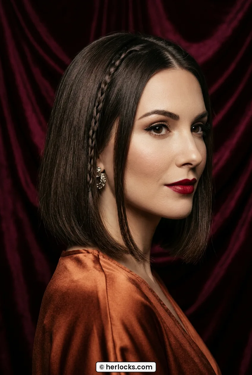Woman with straight chin-length bob featuring slim braid along the part