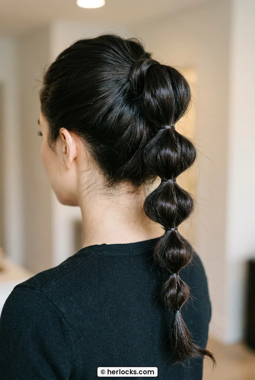 Woman with long dark hair in voluminous bubble braid ponytail