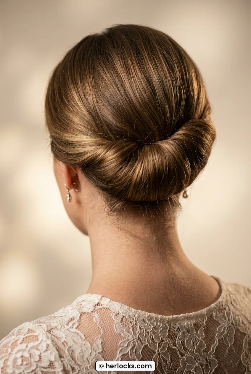 Woman with vintage Gibson roll tucked and pinned at nape from behind
