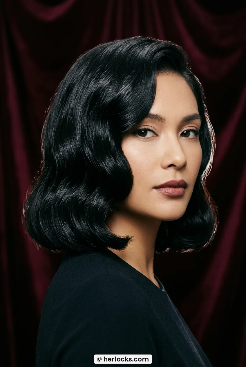 Woman with high-shine black glam waves on short blunt bob with deep side part