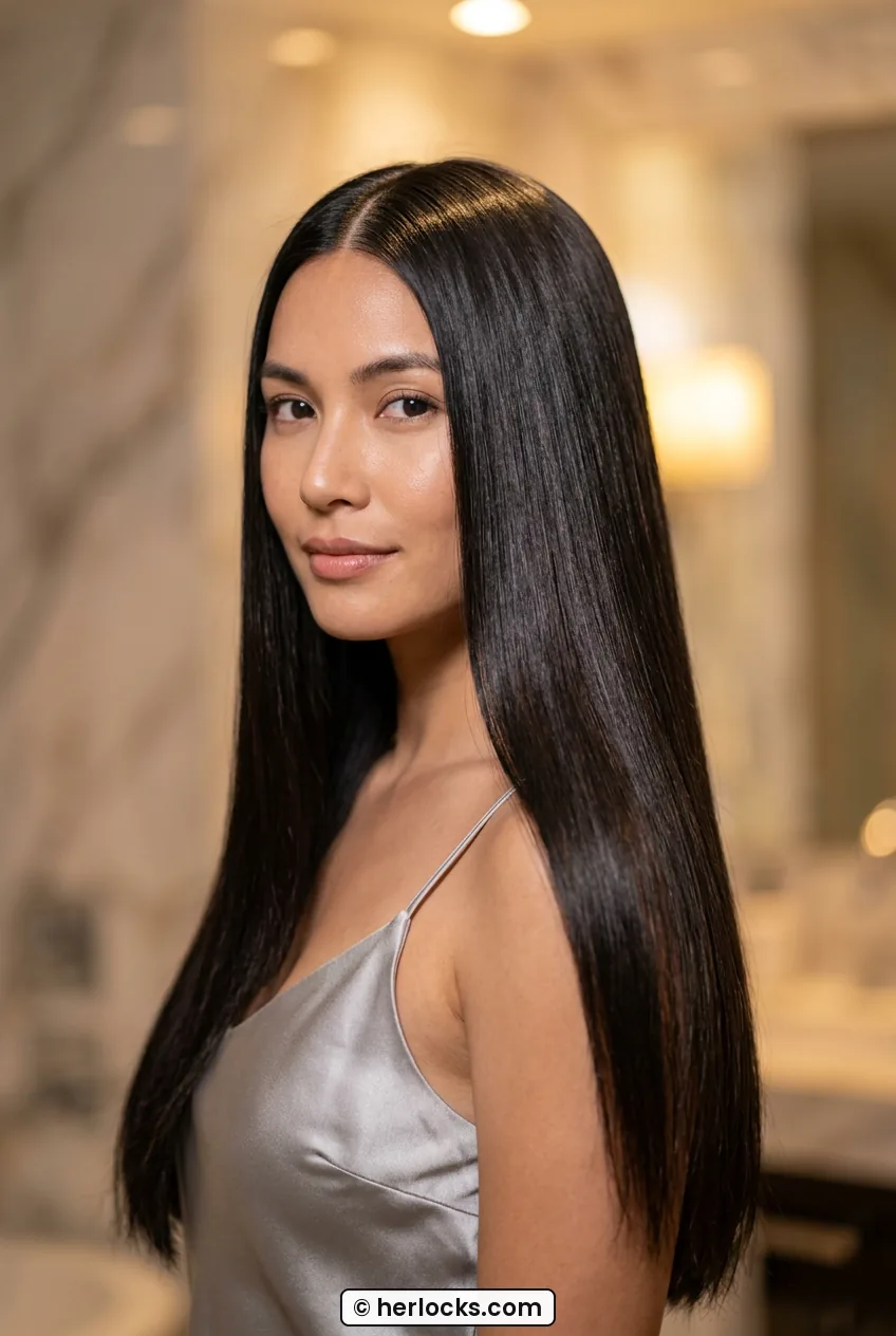 Woman with ultra sleek glass straight center part long hair in close portrait