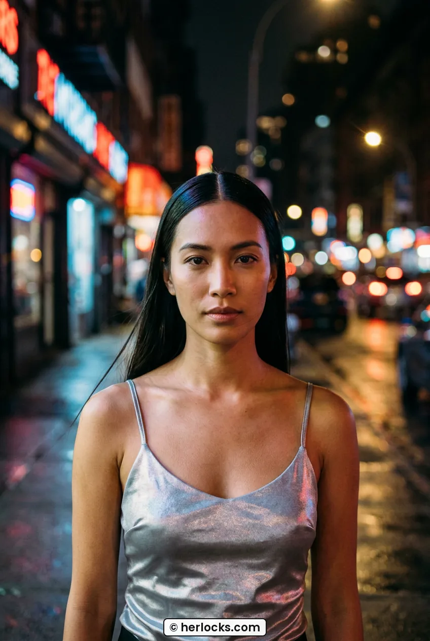 Woman with super straight middle-part long hair with high shine outdoors