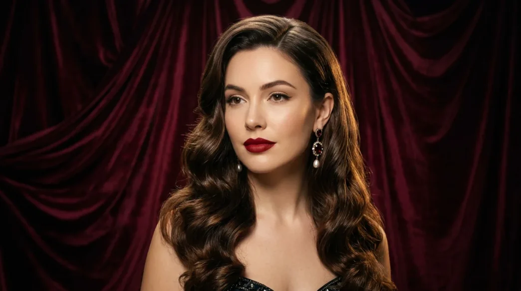 Woman with long glossy holiday waves and side part against burgundy velvet backdrop in studio light