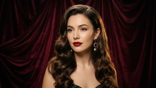 Woman with long glossy holiday waves and side part against burgundy velvet backdrop in studio light