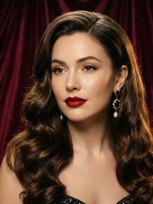 Woman with long glossy holiday waves and side part against burgundy velvet backdrop in studio light