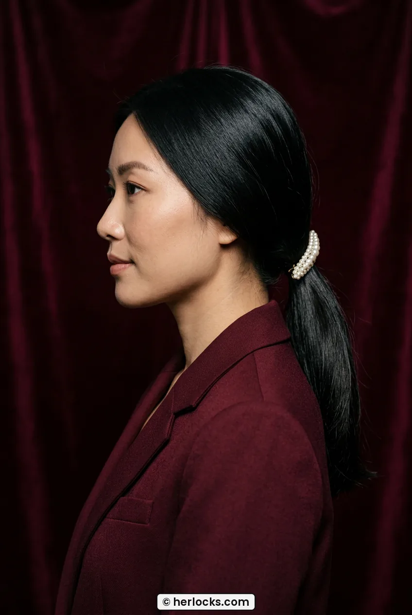 Woman with medium straight black hair in glossy low ponytail with pearl barrette side view