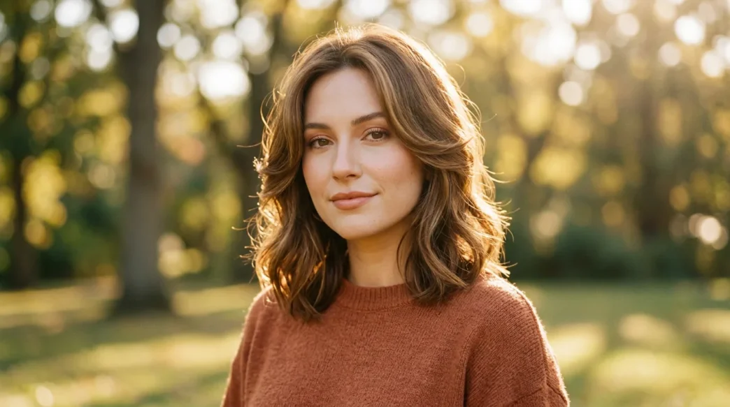 Woman with shoulder length butterfly lob with soft layers glowing in golden hour light outdoors