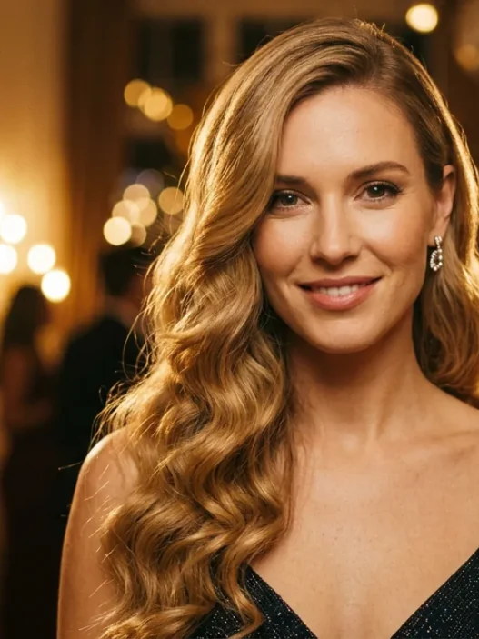 Woman with long golden side-swept glam waves in festive lighting for party