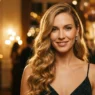 Woman with long golden side-swept glam waves in festive lighting for party
