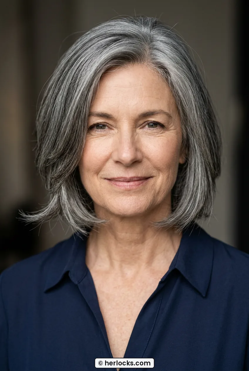 Mature woman with sleek gray jaw-length bob showing soft flicked ends