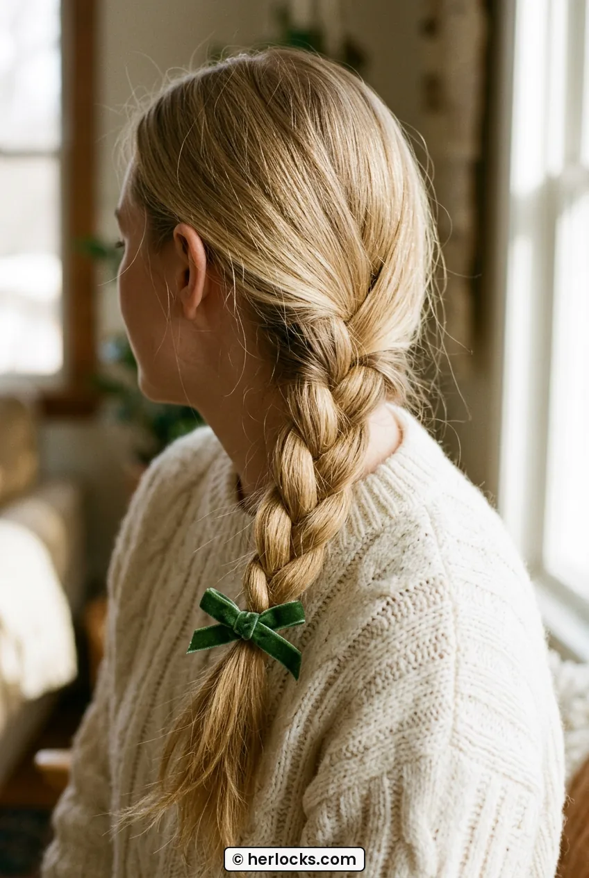 Woman with loose blonde side braid tied with small green velvet bow at end