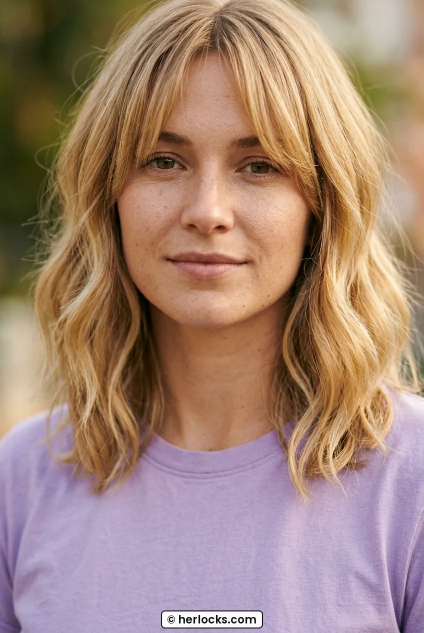 Woman with medium blonde beach waves and grown out curtain fringe parted center